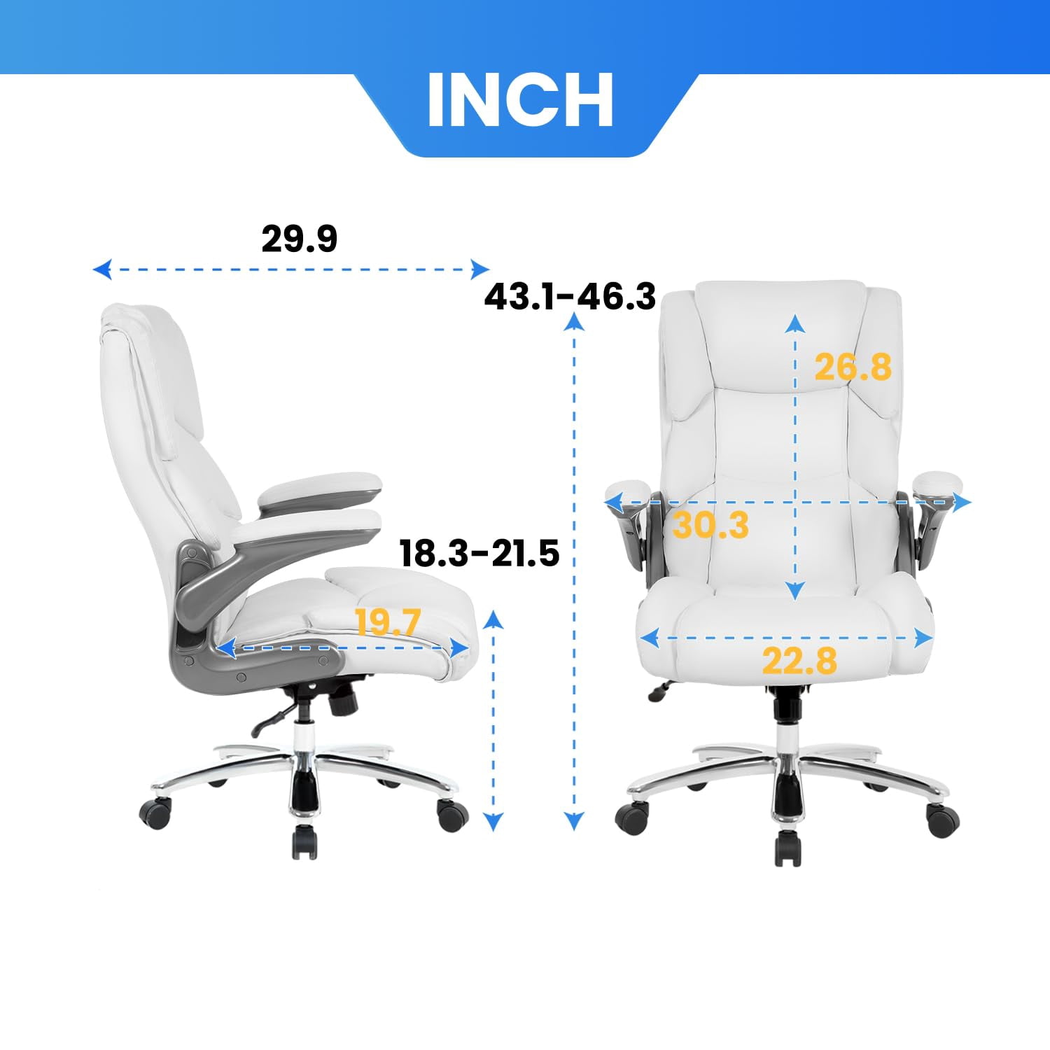 400lbs Big and Tall Office Chair  Ergonomic Desk Chair PU Leather Computer  Chair Adjustable High Back Rolling Chair with Lumbar Support for Adults, White