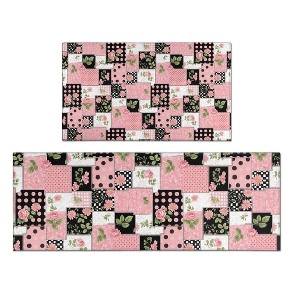 Pioneer Flower Floral Print Pattern Kitchen Rugs Sets Of 2, Anti Fatigue Non Slip Washable Floor Mats for Kitchen Sink Laundry, 17X30 Inch   17X47 Inch