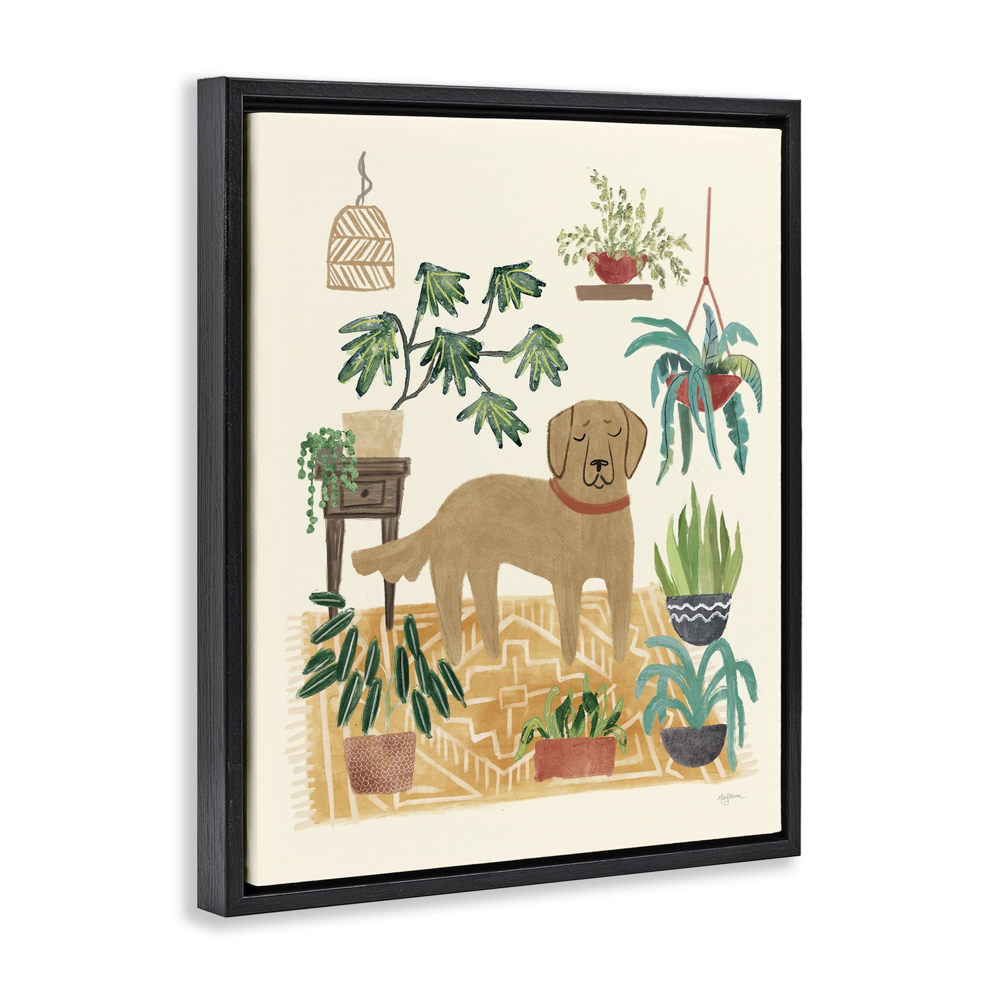 Stupell Industries Labrador with House Plants Animals & Insects Painting Black Floater Framed Canvas Art Print Wall Art, 17 x 21