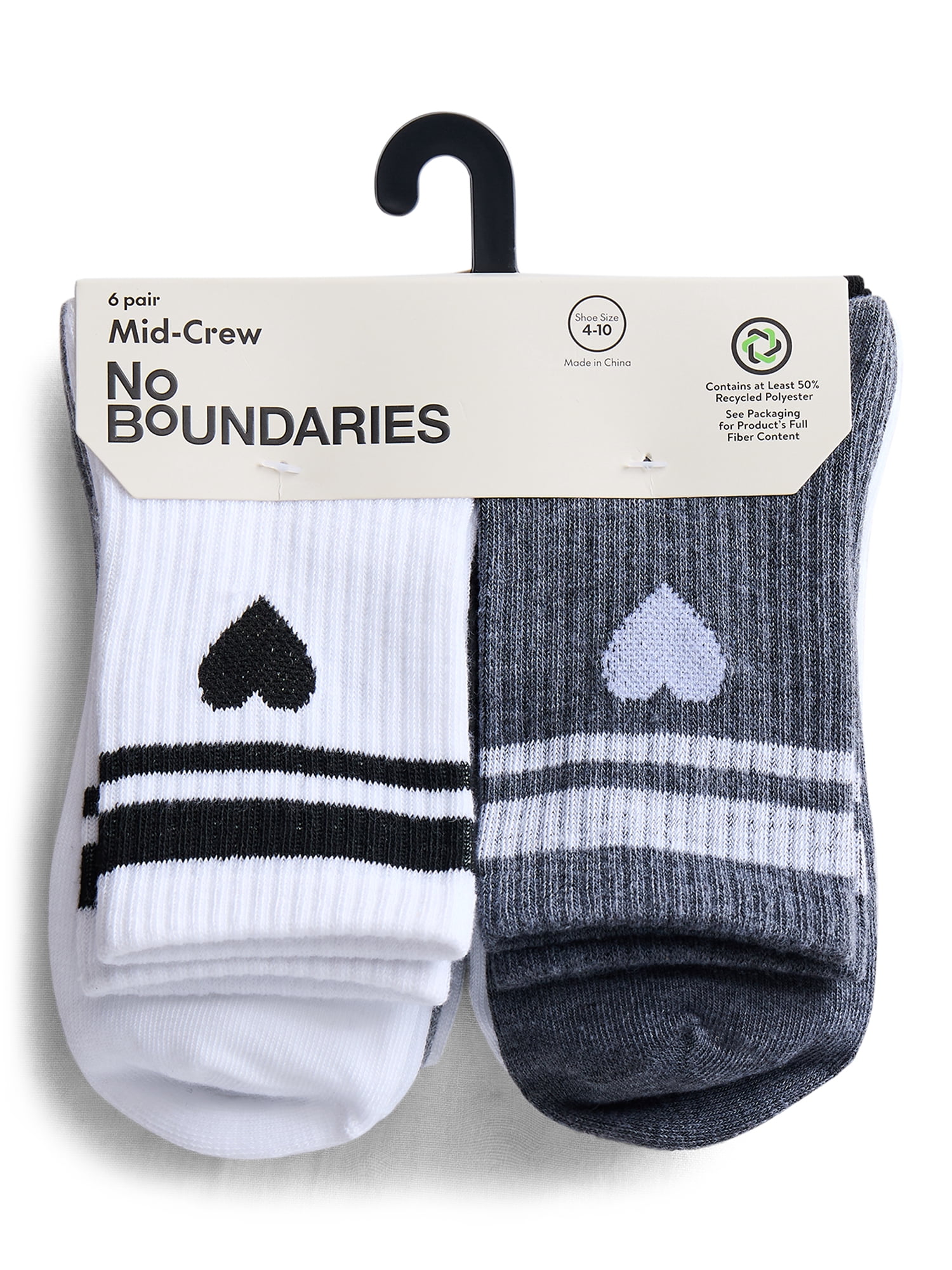 No Boundaries Ribbed Mid Crew Socks, 6-Pack, Women's, Shoe Sizes 4-10
