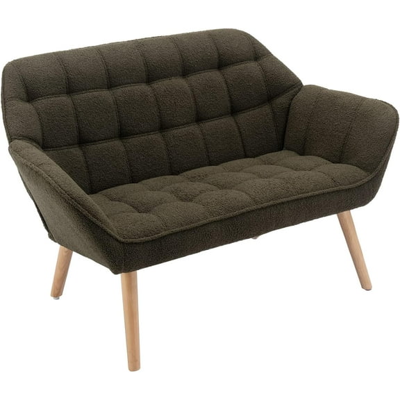 48" Small Loveseat for Small Spaces, Upholstered Durable Fluffy Loveseat Sofa, Mid Century Modern Mini Couch with Armrest and Wood Legs for Bedroom, Living Room, Apartment, Green