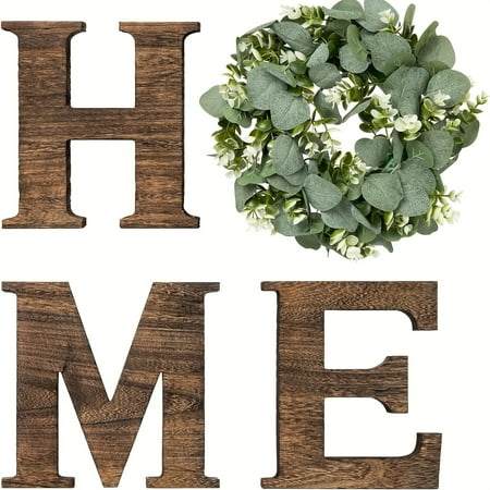 Wood Home Sign with Artificial Eucalyptus Wreath for O, Hanging Farmhouse Wall House Decor Wood Home Letters for Wall Art Rustic Home Decor, Home Wall Decor for Living Room Kitchen Entryway