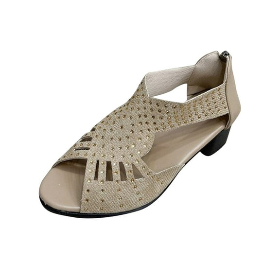 Low Heel Sandals for Women Dressy Summer Slip On Beach Sandals Pearl Zipper Side Pumps Comfortable Open Toe Dress Shoes Gold Women Sandal