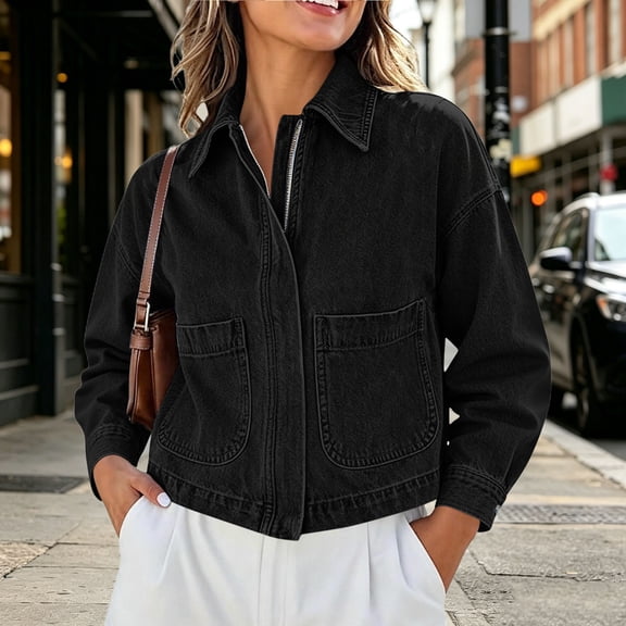 Karymi Tops for Women Trendy Zip Up Collared Cropped Denim Jacket, Long Sleeve Loose Jean Coat with Big Patch Pockets, Vintage Washed Casual Outerwear for Spring Fall Womens Tops