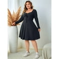 thumbnail image 3 of Womens Casual Plus Size Square Neck Long Sleeve Ribbed Swing Dress Dark Gray XXXL, 3 of 7