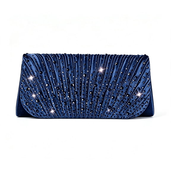 RUMANLAND Women's Navy Blue Rhinestone Pleated Evening Clutch Purse Elegant Formal Handbag for Wedding Party Prom