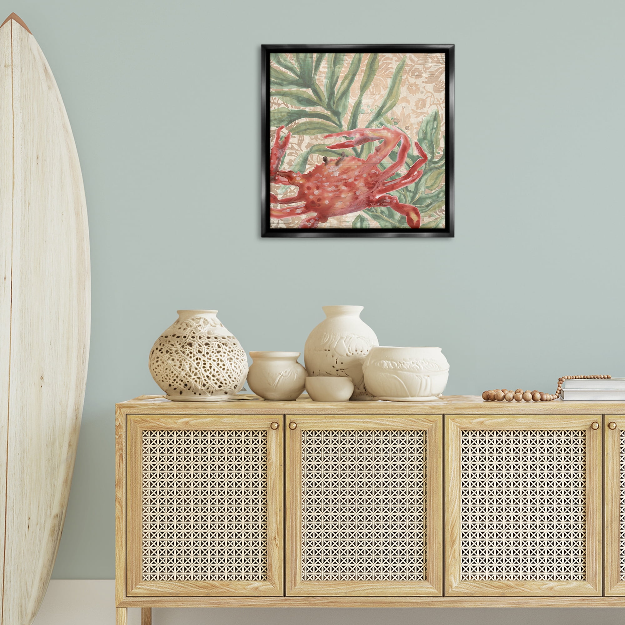 Stupell Industries Crab on Floral Pattern Animals & Insects Painting Black Floater Framed Canvas Art Print Wall Art, 25 x 25