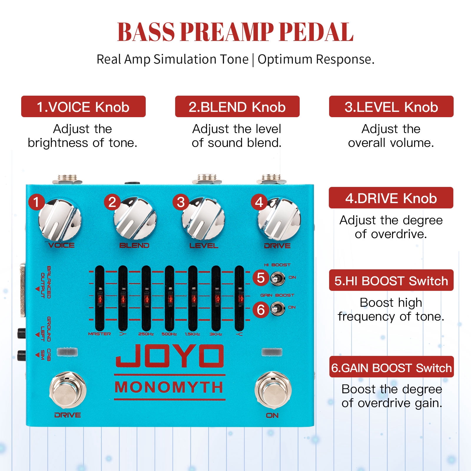 JOYO R-26 Bass Guitar Pedals Overdrive Amp Simulator Effect Pedal EQ Noise Reduction