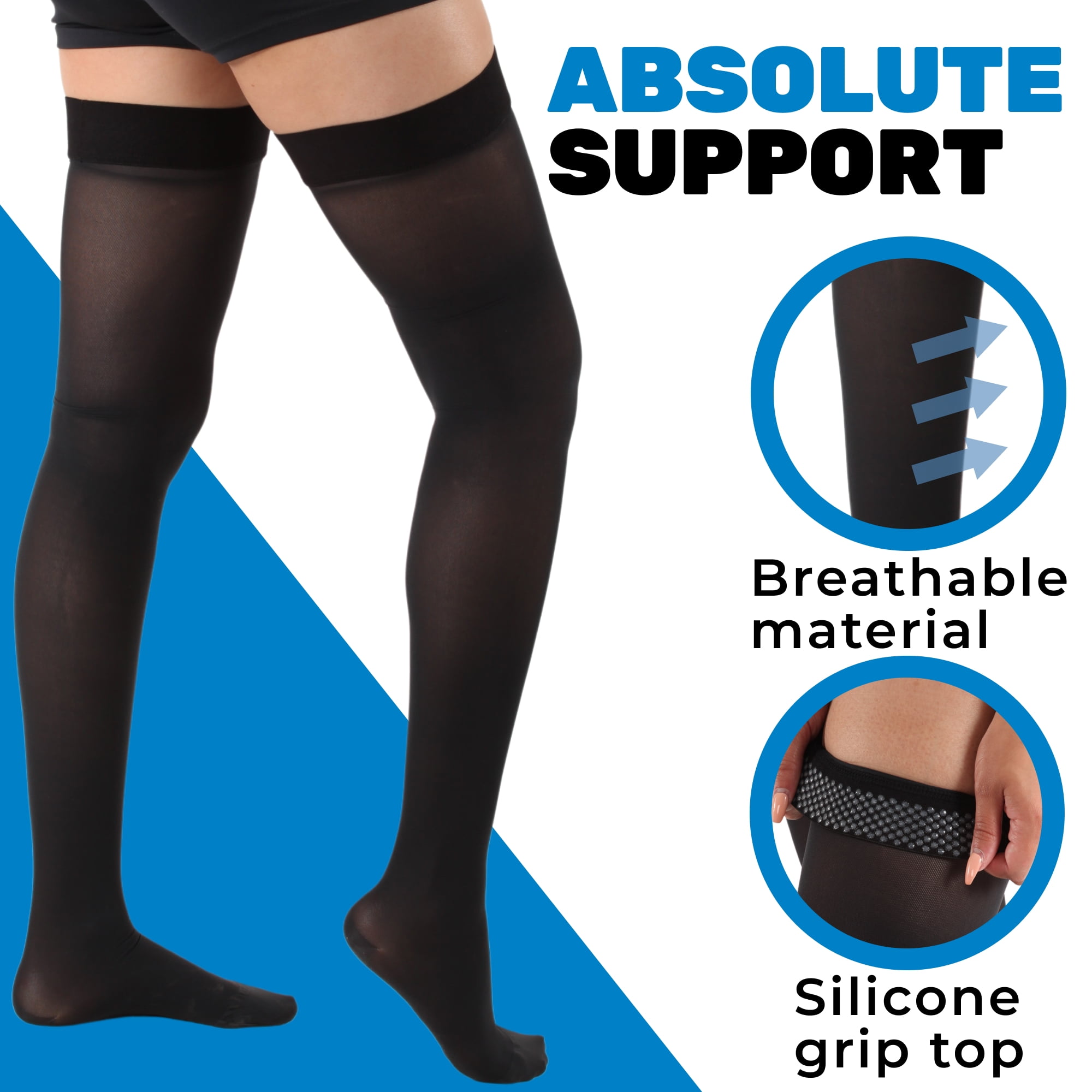 Made in USA - Opaque Compression Thigh High for Women 20-30mmHg - Black, Large