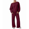thumbnail image 2 of Women'S 2 Piece Outfits Off the Shoulder Crop Top Wide Leg Sweatpants Matching Lounge Sets Wine Red M, 2 of 8