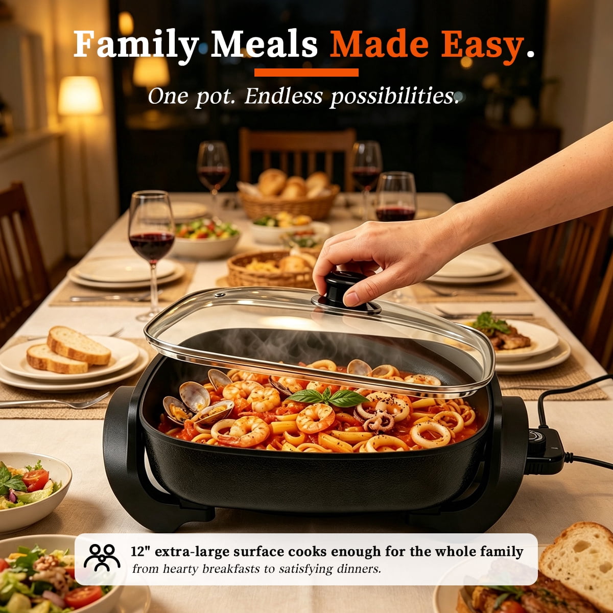 12 Inch Electric Frying Pan with Glass Lid, 5L Non-Stick Skillet, 1500W Fast Heating with Adjustable Temperature Control