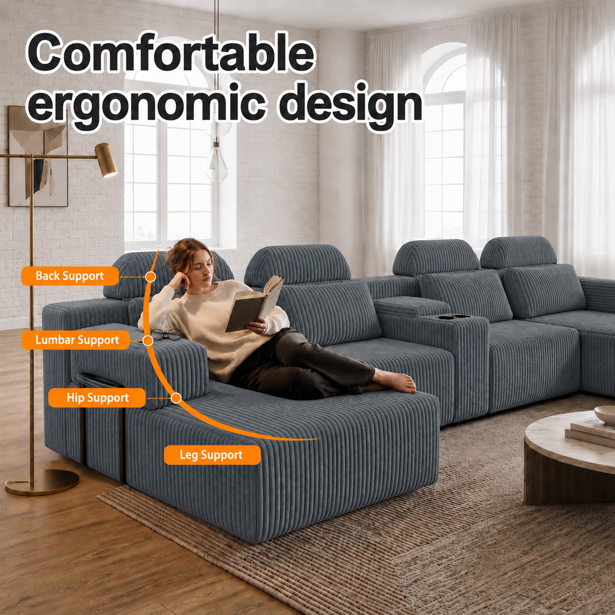 Leumius 145.7" U-Shaped Corduroy Sectional Sofa with Chaise,Cup Holders & Storage,Modern Modular 6-Seater Sofa Couch for Living Room,Dark Gray