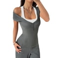 thumbnail image 1 of Tops Cortos Y2K para Mujer, Camisetas de Punto con Cuello en V y Mangas , Camisetas de Punto Ajustadas con Botones. Gris S, 1 of 9
