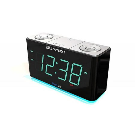 Emerson SmartSet Alarm Clock Radio with Bluetooth Speaker, USB Charger for iPhone and Android, Night Light, and Cyan LED