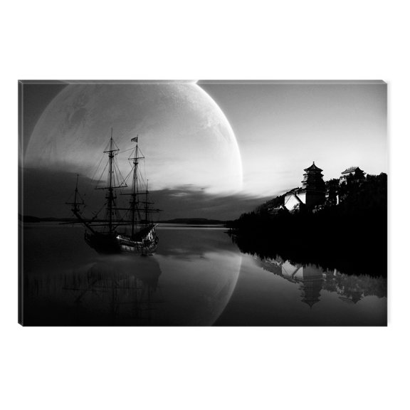 Startonight Canvas Wall Art Black and White Abstract Old Ship and Full Moon, Dual View Surprise Artwork Modern Framed Ready to Hang Wall Art 100% Original Art Painting 23.62 X 35.43 inch