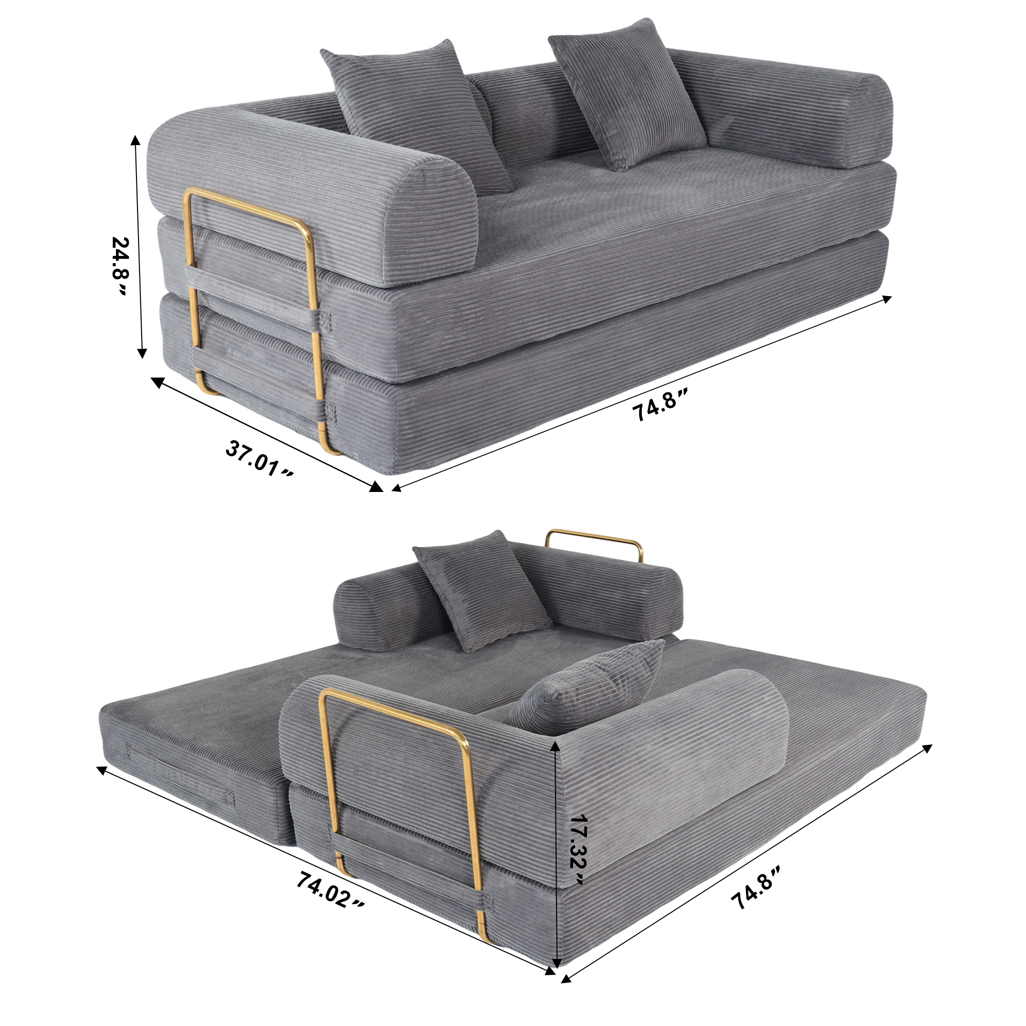 2-in-1 Foldable Sofa Bed 75 Inch Folding Couch Convertible Compressed Sleeper Sofabed Memory Foam Faux Fur Upholstered Cloud Couch Mattress Bed 2 Pillows Grey Ash