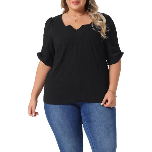 Blusas de verano casuales de mujer de tallas grandes Agnes Orinda, con textura plisada, cuello en V con muesca y mangas cortas con volantes, 1X, negro