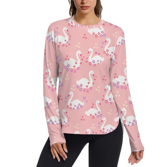 FORMRS Womens Long Sleeve Shirts UPF 50 Sun Protection Quick Dry Fishing Hiking Tops, Size S-2XL, Pink Cartoon Swans Pattern