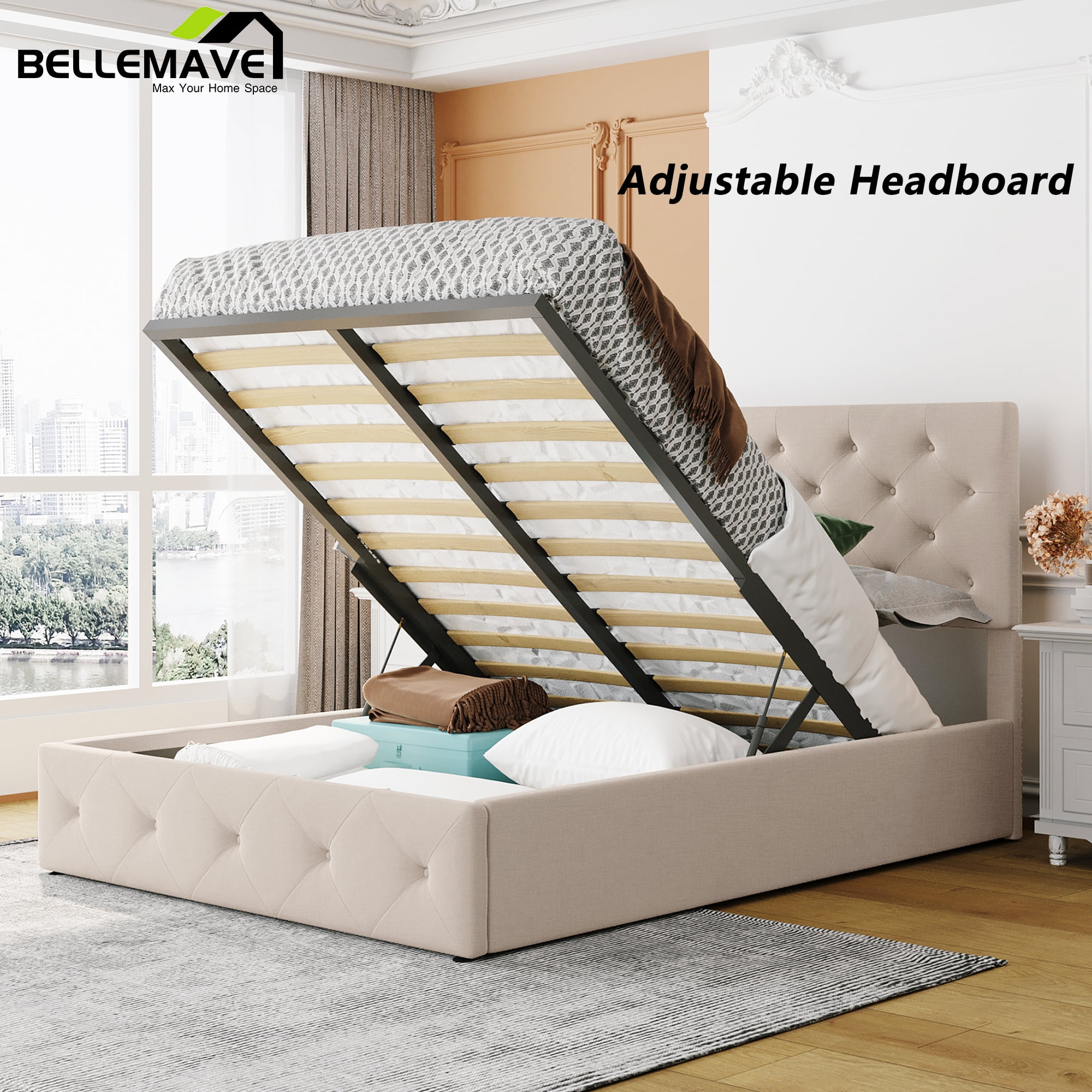 Linen Upholstered Platform Bed Frame Full Size, Hydraulic Lift Storage