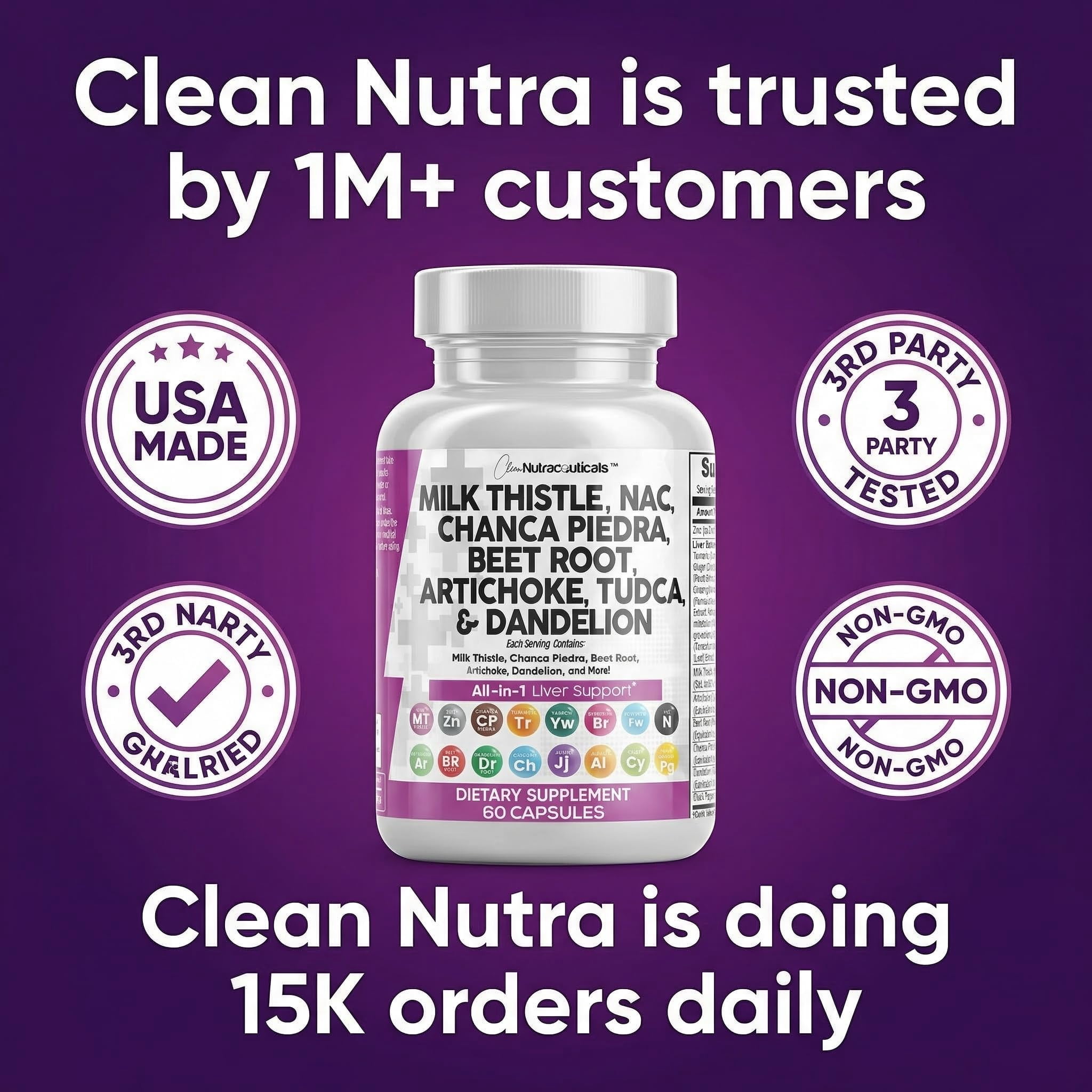 Clean Nutraceuticals Milk Thistle NAC Chanca Piedra Beet Root Artichoke Astragalus Dandelion Root - Liver Cleanse Detox & Repair Supplement Plus TUDCA Choline & Ginger - 1Pack