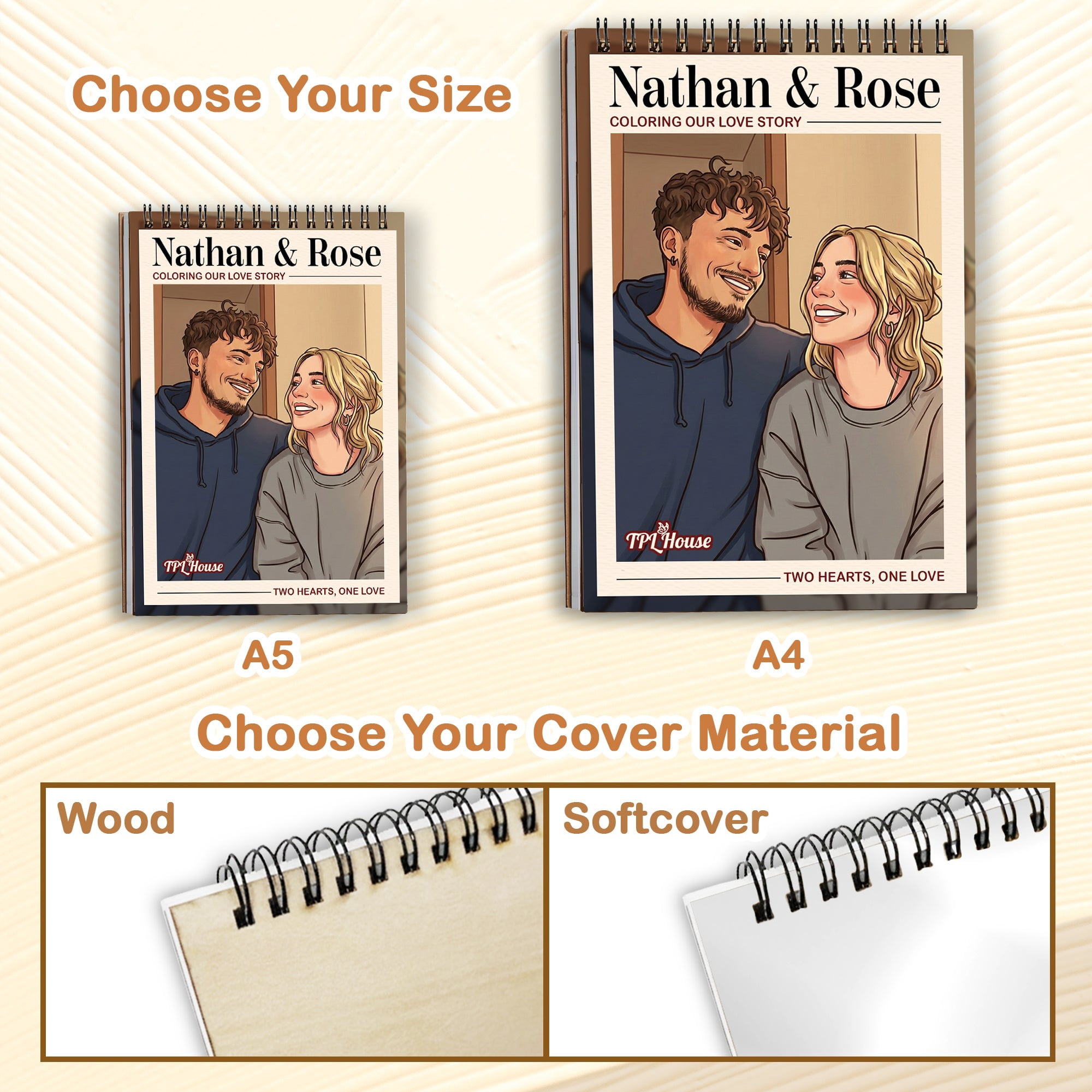 Personalized Couple Memory Coloring Book for Adults – Custom Coloring Pages from Your Photos , 12–48 Pages, Keepsake for Newlyweds, Premium Wooden Cover, Spiral Binding