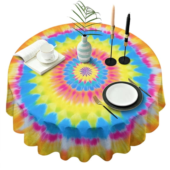 Colorful Tie Dye Mandala Pattern Round Tablecloth 60"x60",Wrinkle Wipeable Table Cloth for Kitchen Dining Room Picnic Patio Party