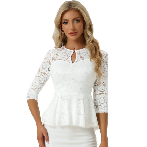 Top con Encaje para Mujer Allegra K Blusa Elegante Peplum Manga 3/4 blanco L