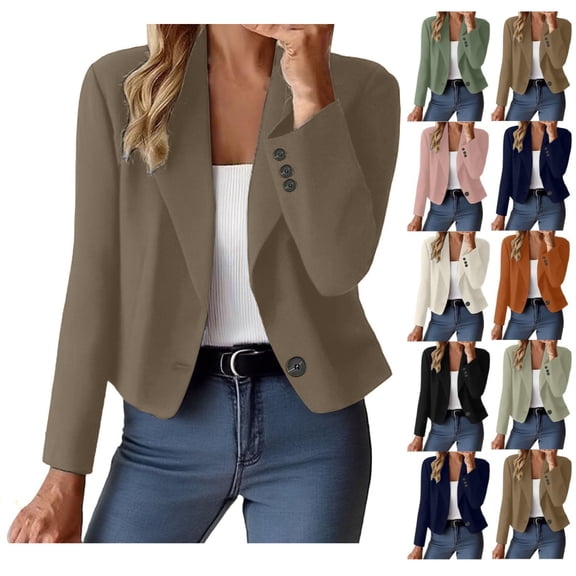 Women Cropped Blazer Jacket Lapel Long Sleeve One Button Suit Coat, Slim Fit Casual Office Outerwear for Spring Fall