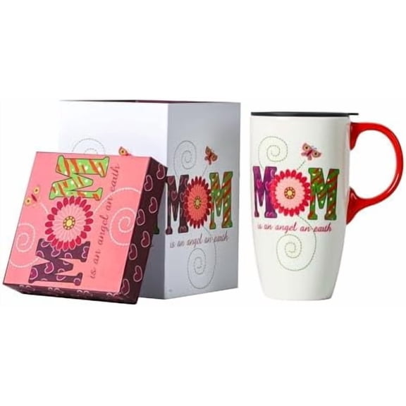 Ceramic Coffee Mug,Travel Mug with Handle & Lid,17 oz,Tall Tea Cup for Home & Office, MOM Art Pattern Gift Box, 6.5''H$$Home Decor, Kitchen, & Other