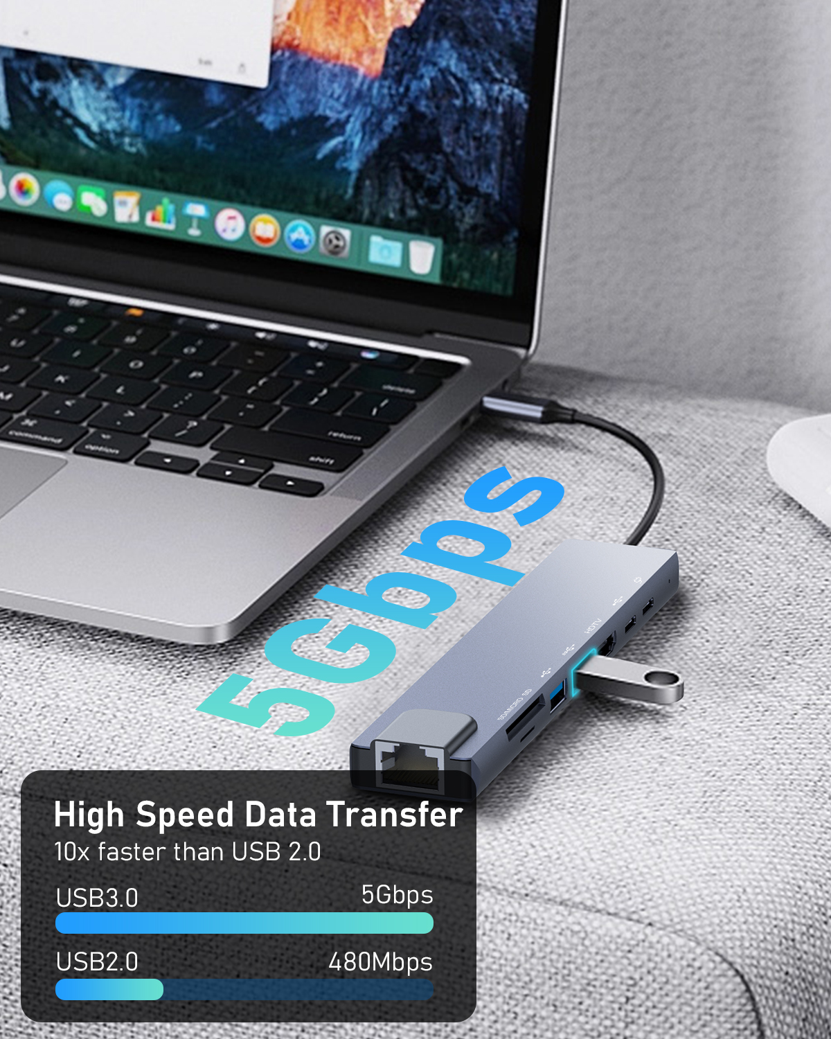 Hub USB-C 8-en-1 - HDMI 4K, Ethernet, Charge PD 100W, Lecteur SD/TF, USB 3.0 - Pour MacBook, IPad, PC