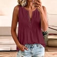 thumbnail image 2 of Women's Cotton Pleated Tank Top Summer Comfy Crew Neck Button Down Tee Tank Loose Fit Casual Sleeveless Daily Wear Shirts Wine, 2 of 7
