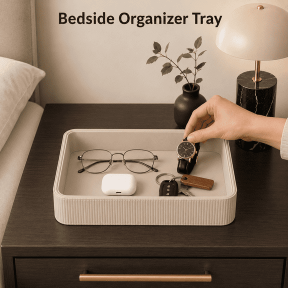 MORAVE PU Leather Valet Tray in Beige, Decorative Vanity Catchall Organizer for Bedside Desktop, Holding Perfume Key Watch Wallet Trinkets