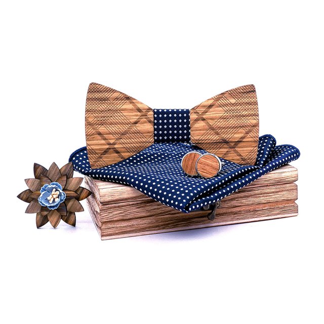 Man Bow Tie Set Wood Decorative Formal Neck Bowtie Pocket Square Party Cufflinks