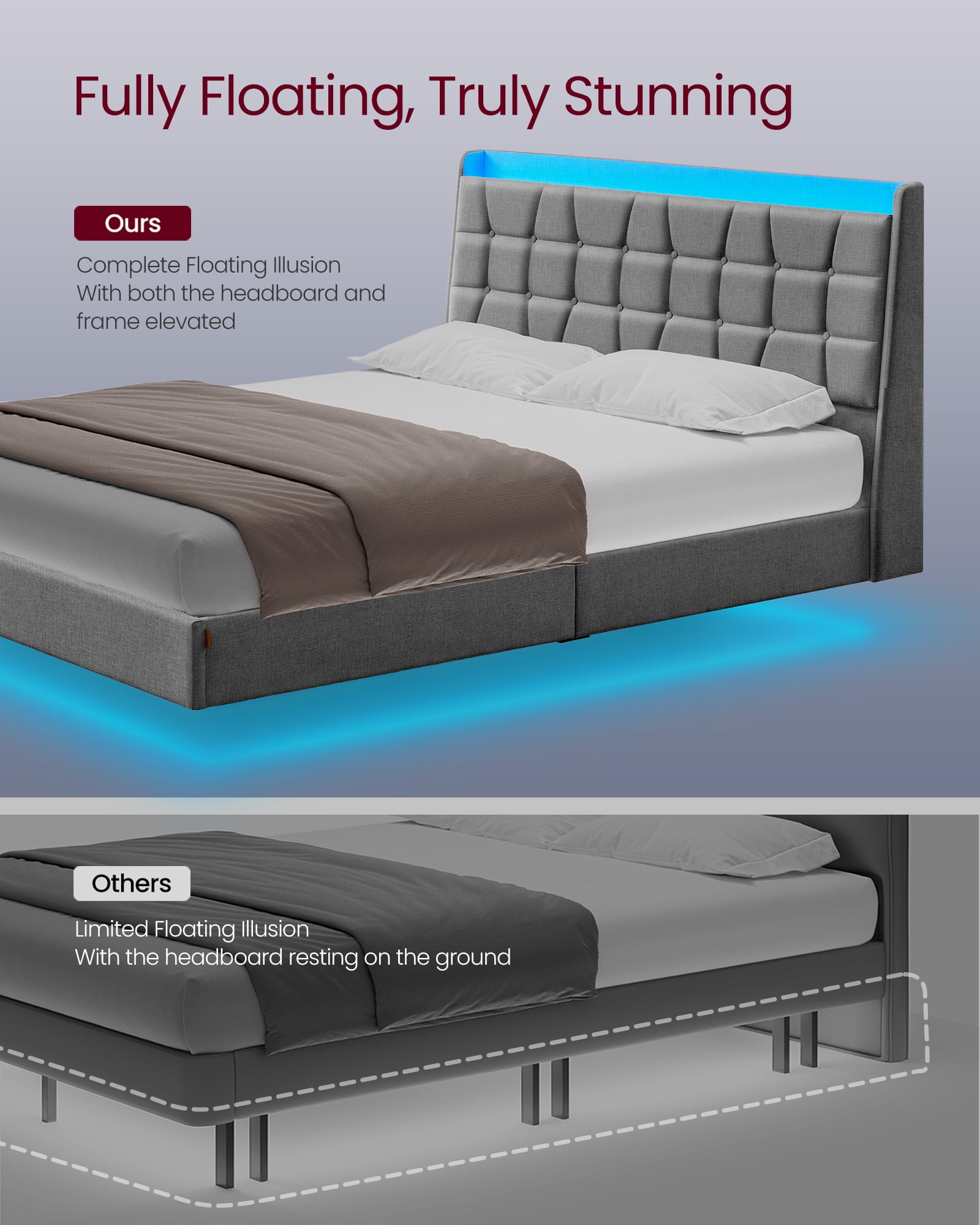Queen Size Floating Bed Frame with LED Lights,Charging Station, Tufted Storage Headboard, Upholstered Platform, No Box Spring Needed