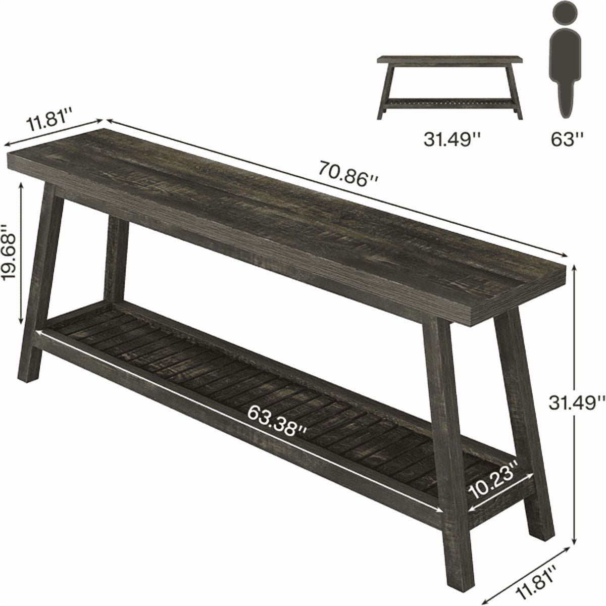 70.9" Farmhouse 2-Tier Console Table - Vintage Wood Grain, 1.97" Thick Engineered Wood, Sturdy Trapezoid Base for Entryway, Hallway, Behind Couch