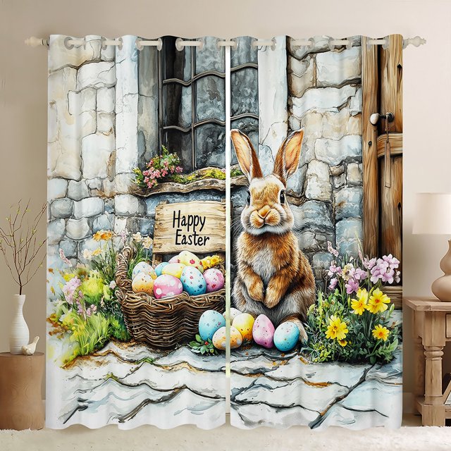 Erosebridal Rideaux Joyeuses Pâques Lot de 2 (52x84), Mignons Lapins 30 %-50 % Occultants, Décor Œufs Colorés