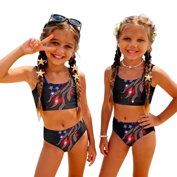 Grblisyd 4th of July Girl's 2 Piece Swimsuit Set American Flag Cute Bathing Suit Scoop Neck Independence Day Bikini Sets