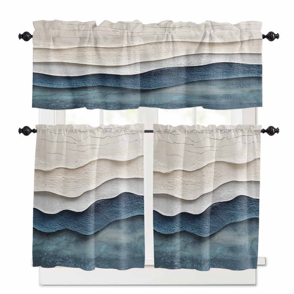 Abstract Waves Beach Art Kitchen Curtains and Valances Set, Blue Beige Oil Painting Style Rod Pocket Window Valance 18 Inch Window Curtain Panels for Living Room Bedroom Laundry, 27.5x24in, 3 Pieces