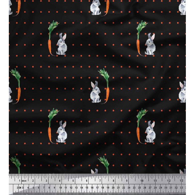 Soimoi Velvet Fabric Carrot & Rabbit Dots Printed Fabric 1 Yard 58 Inch Wide