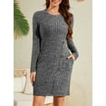 thumbnail image 2 of Fancyglim Long Sleeve Dress for Women Crewneck Buttons Side Knitted Tunic Sweater Mini Dresses with Pocket Gray XL, 2 of 6
