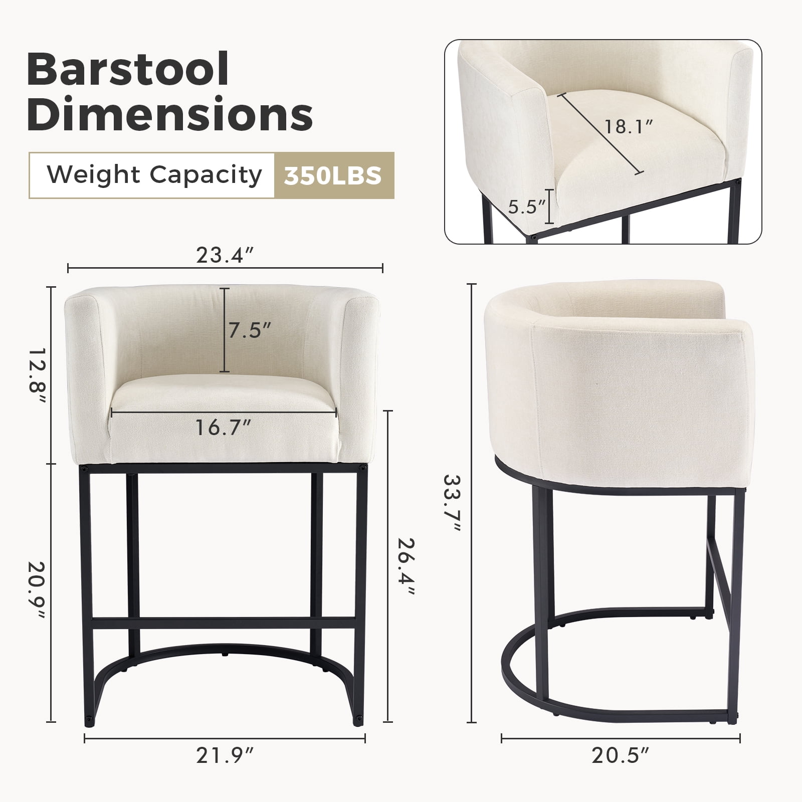 CONCETTA 27" H Barrel Bar Stool, Modern Counter Height Barstools with Linen Fabric Upholstered Seat, 350lbs Capacity Kitchen Island Chair, Bar Stools with Metal Sled Base and Footrest for Kitchen