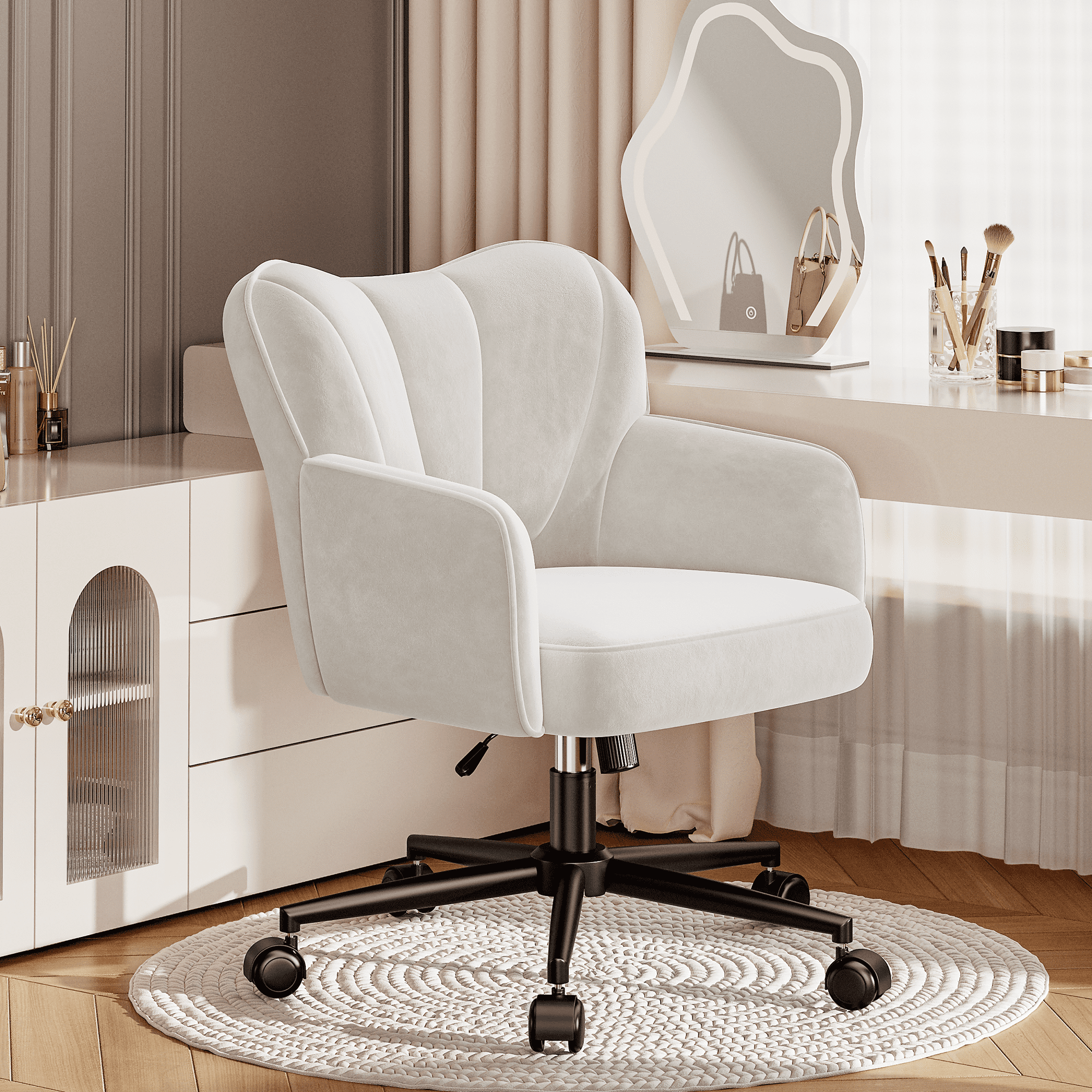 Romorgniz Vanity Chair with Wheels & Back Desk Chair Adjustable Height for Makeup, Work & Relaxation, White