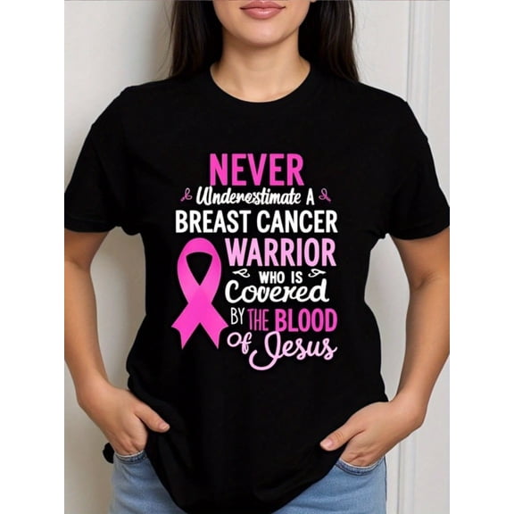 Breast Cancer Awareness T-Shirt| Faith Pink Ribbon & Verse Design ' Blood Cancer Fighter Tee, Casual Short Sleeve Top