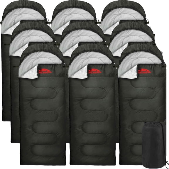 10 Pack Bulk Wholesale of Cold Weather Hooded Sleeping Bags for Adults, Kids, Homeless, Camping, Indoors, Outdoors - 10 Count Hooded Sleeping Bags in Black 71"L x 30"W