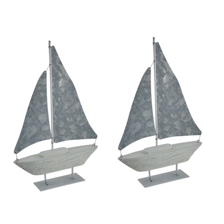 Set of 2 Small White Wood & Galvanized Metal Sailboat