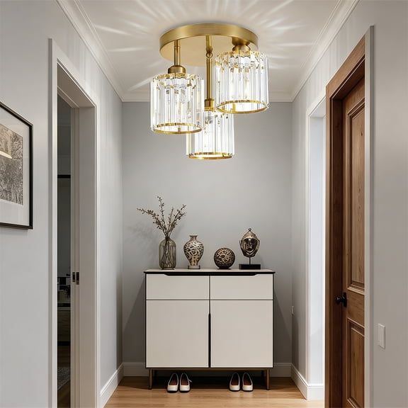 Crystal Semi Flush Mount Ceiling Light, 3-Light Close to Ceiling Light Fixtures, Modern Light Fixtures with Clear Crystal Shade, for Hallway Foyer Entryway Bedroom Kitchen, Gold