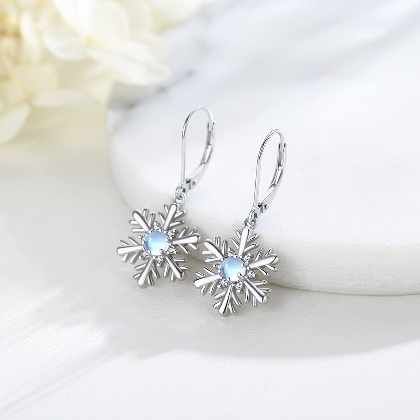 Midir&Etain Snowflake Earrings Moonstone 18K White Glod Plated Christmas Snowflake Best Jewelry Gift Christmas Birthday Day Gift For Her/Wife/Mom