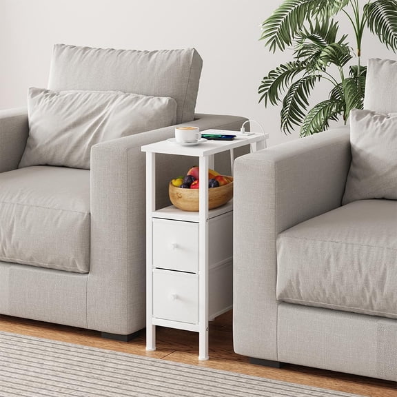 2 Set Narrow Side Table for Small Spaces, Skinny End Table with Charging Station, Sofa Beside Table with 2 Drawers 1 Open Compartment, Slim Nightstand with USB Ports Outlet, White UTBT005W2V2