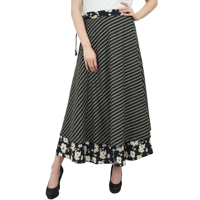 Phagun Jupe Portefeuille Réversible en Coton Indien Imprimé Floral Noir