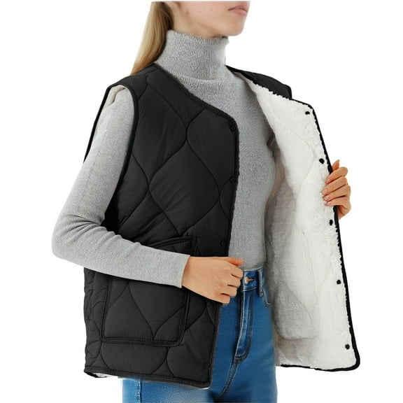 CYRBOKO Women's Vests With Pockets, Snap Closure Sleeveless Thermal Quilted Outerwear for Cold Weather Black Size S